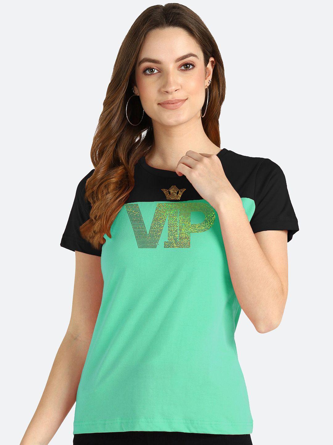 shashvi women green & black colourblocked t-shirt