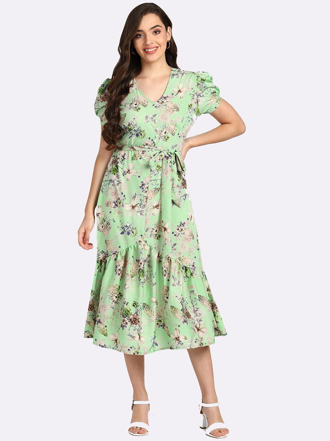 shashvi women green floral crepe fit and flare midi dress