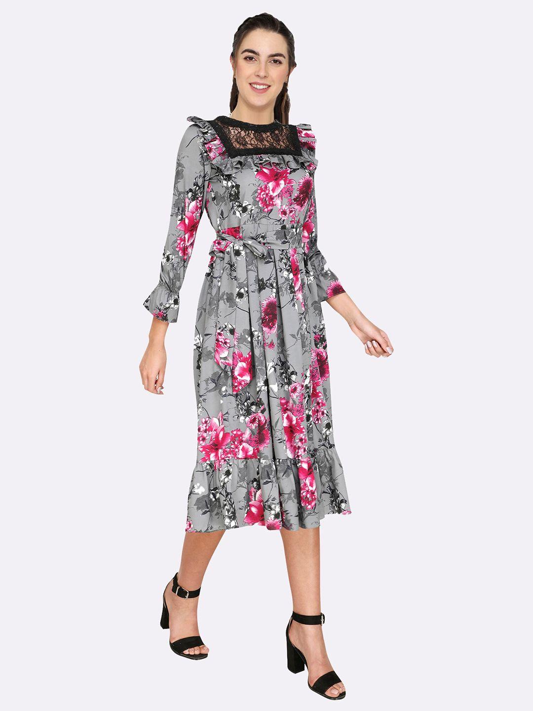 shashvi women grey floral crepe midi dress