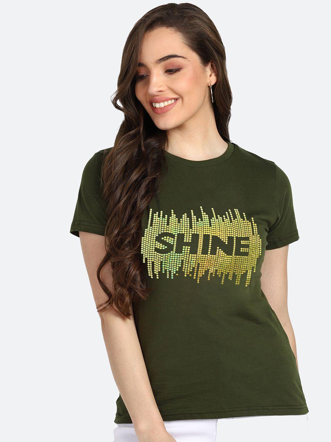 shashvi women khaki typography printed t-shirt