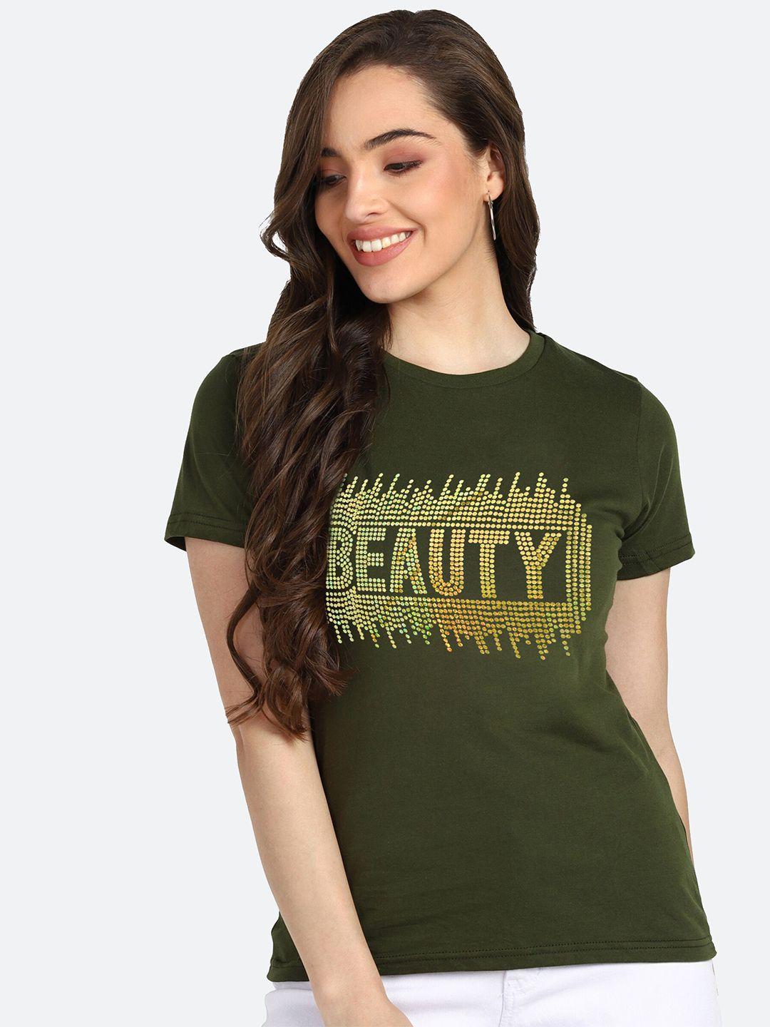 shashvi women khaki typography printed t-shirt