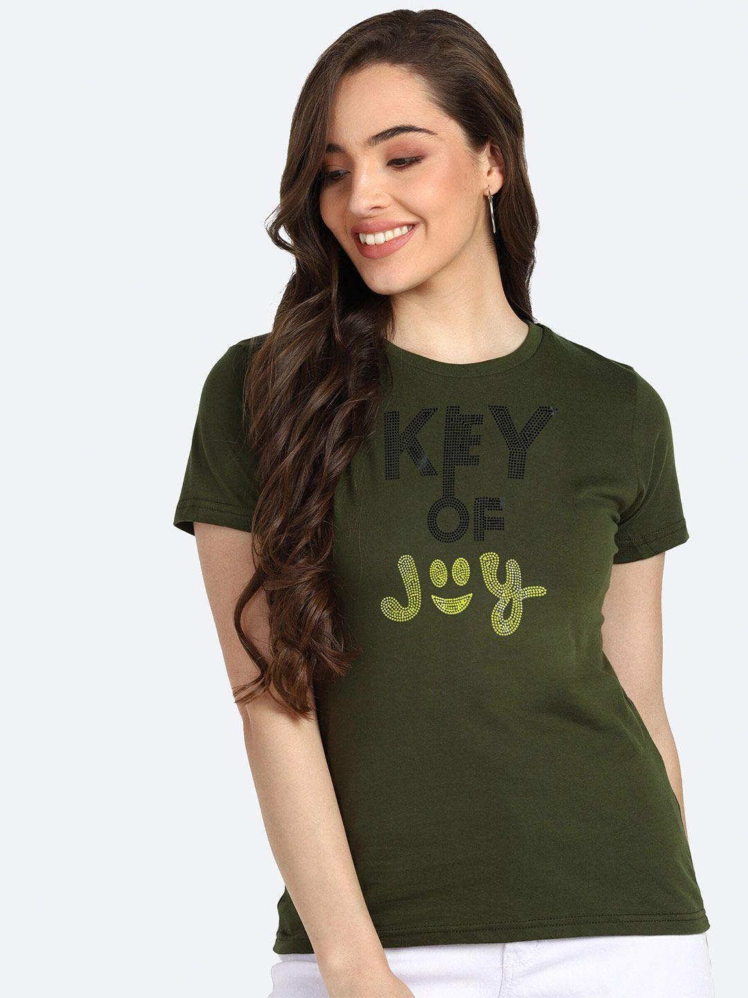 shashvi women khaki typography printed t-shirt