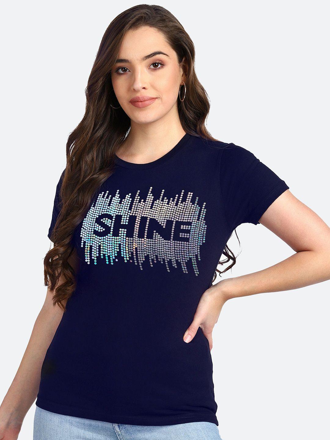 shashvi women navy blue typography embellished t-shirt