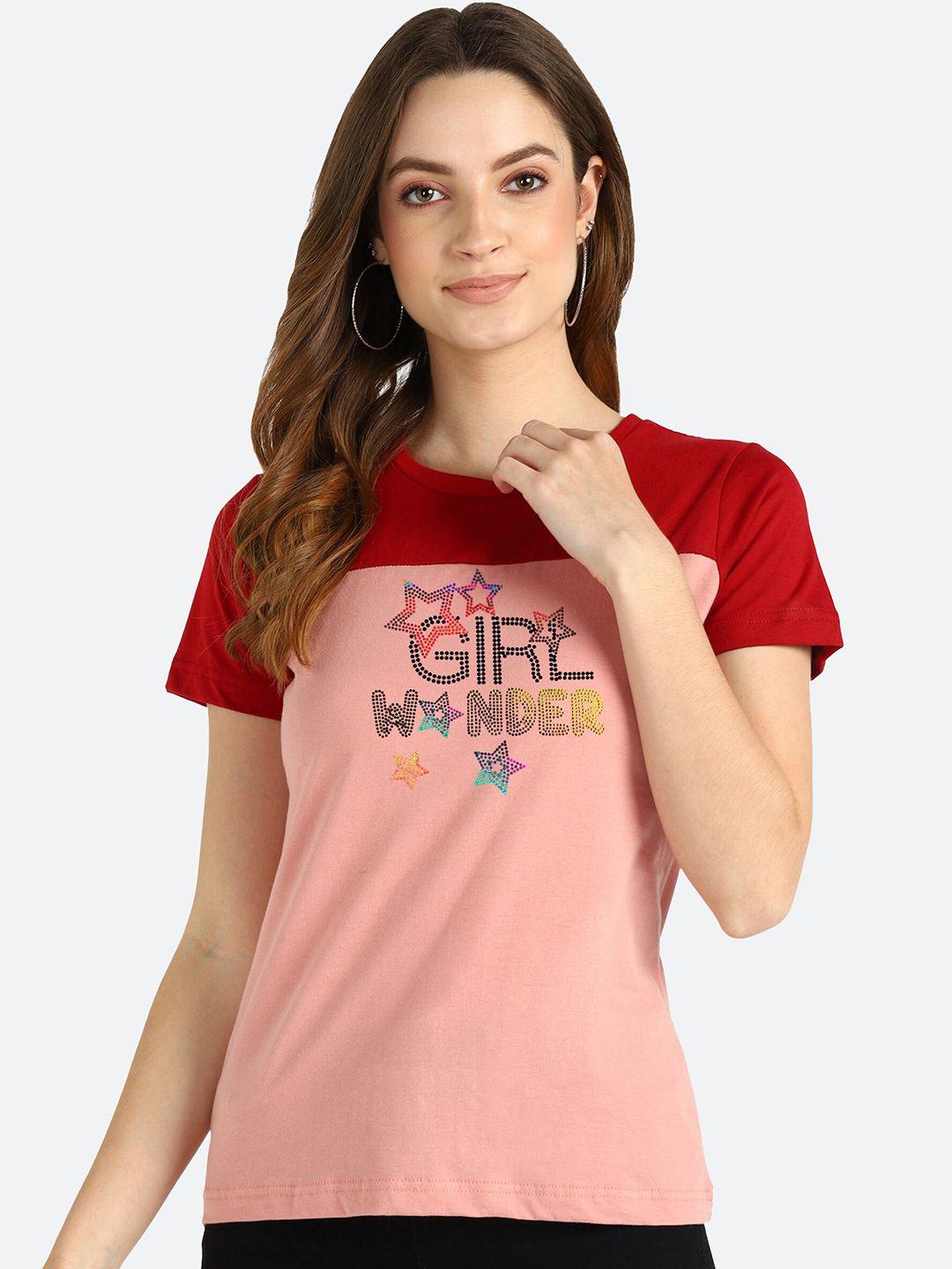 shashvi women peach-coloured typography printed v-neck t-shirt