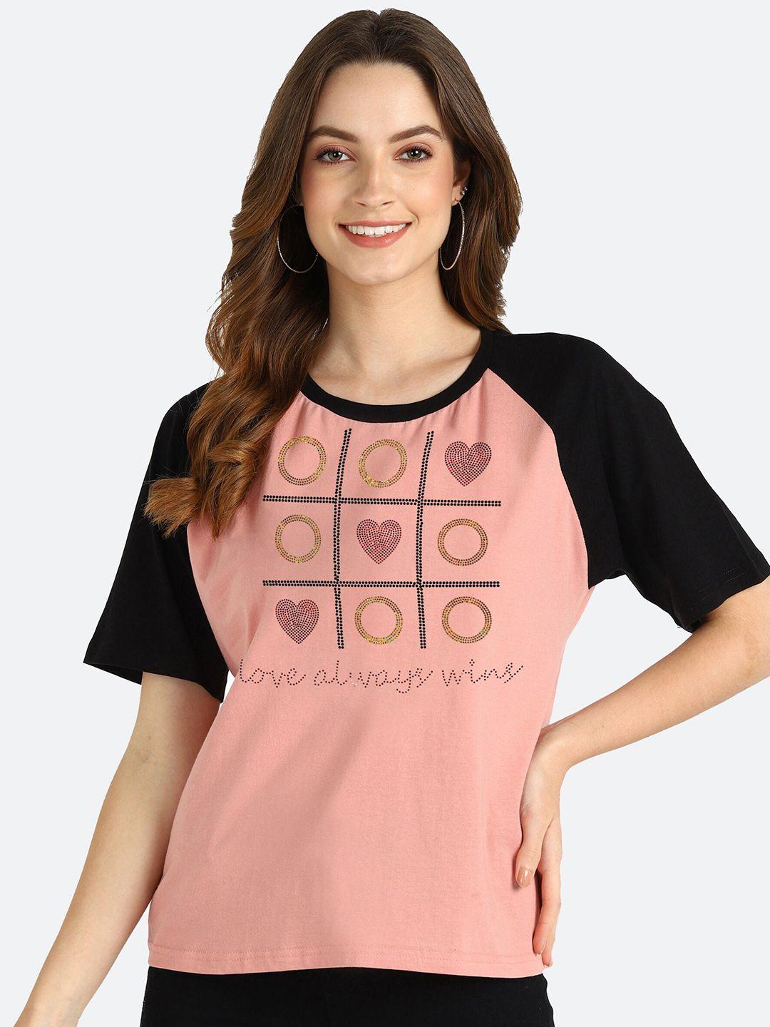 shashvi women pink & black graphic printed cotton t-shirt