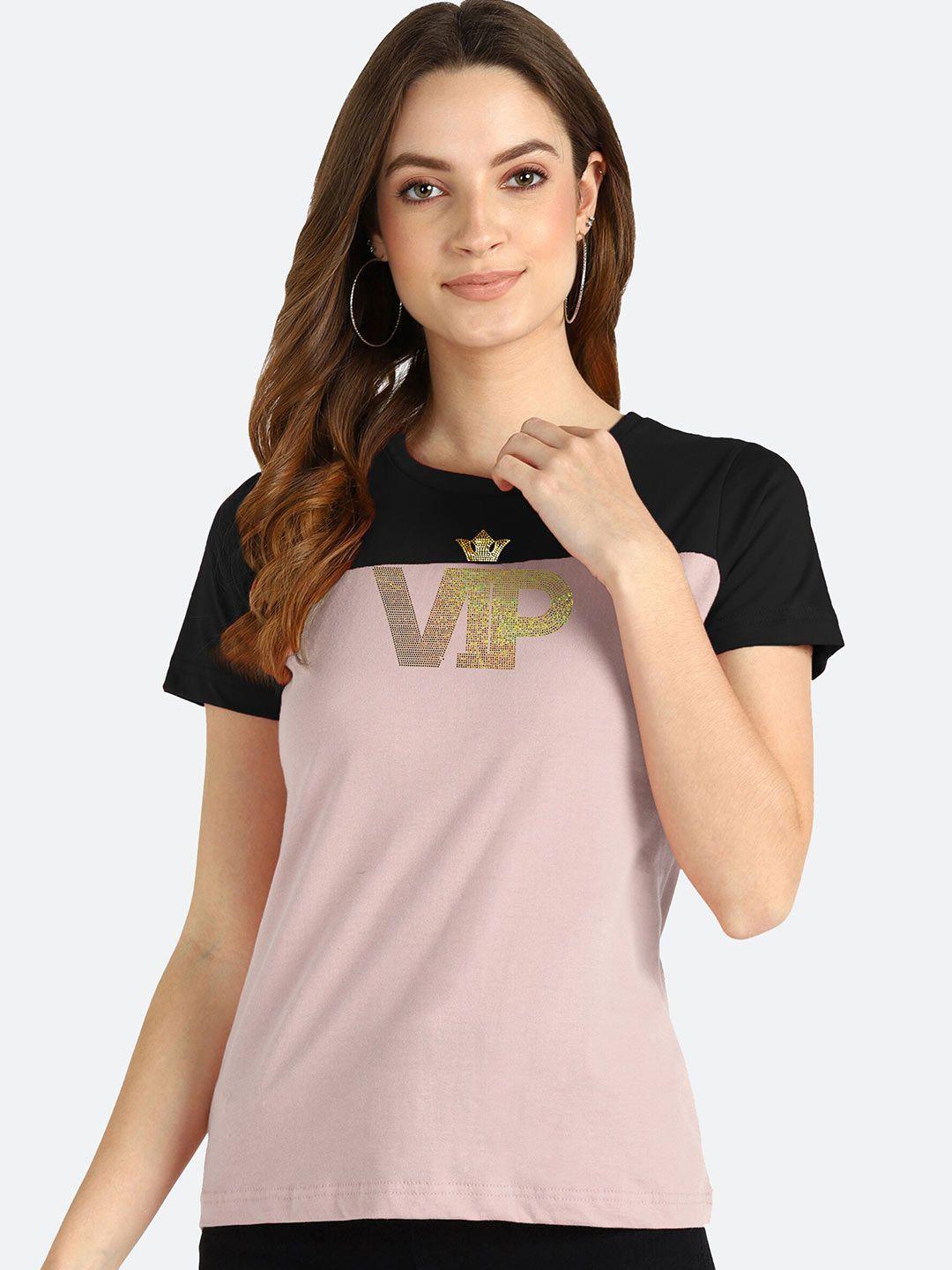 shashvi women pink & black typography cotton t-shirt