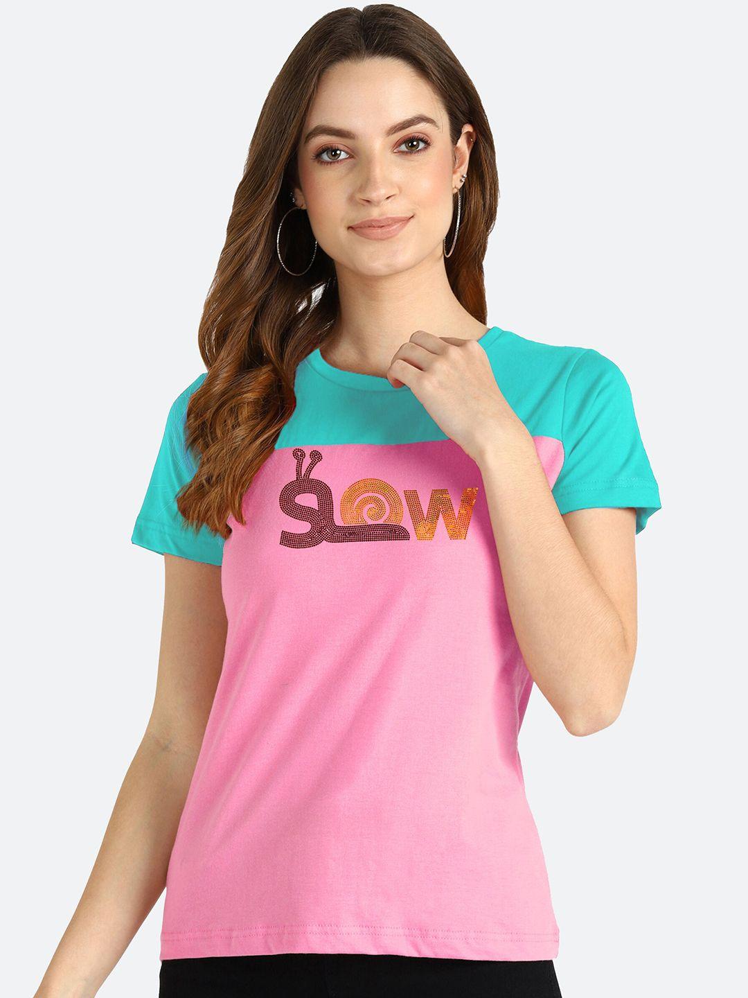 shashvi women pink & blue colourblocked embellished cotton t-shirt