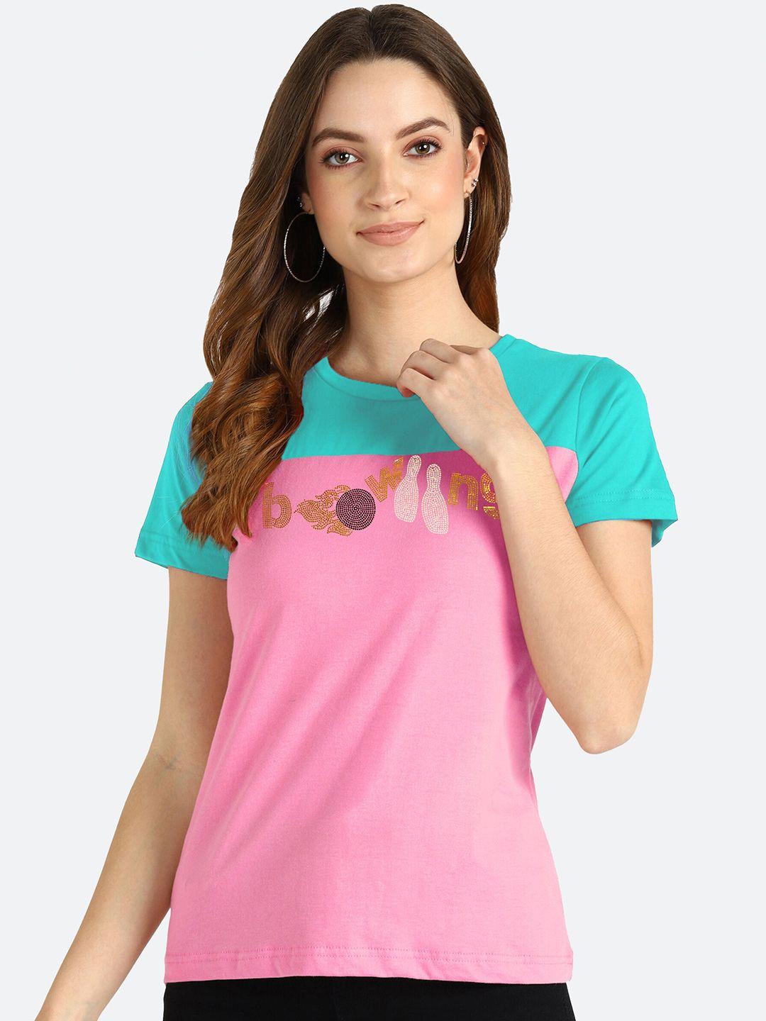 shashvi women pink & sea green typography printed t-shirt