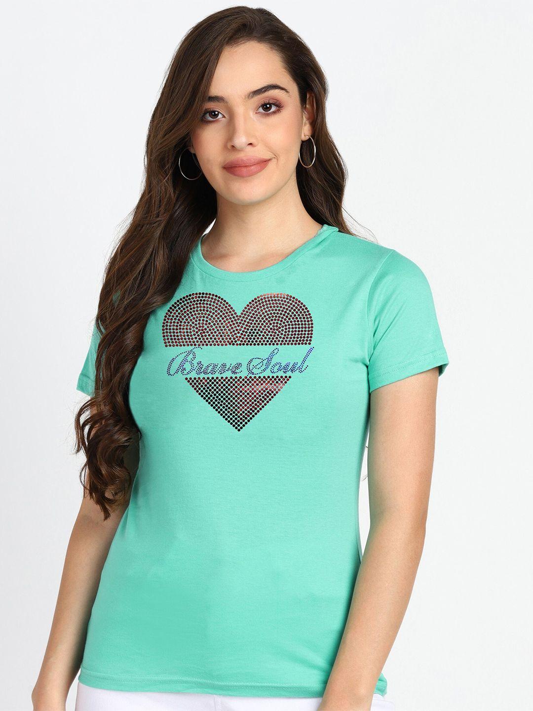 shashvi women sea green typography embellished cotton printed t-shirt