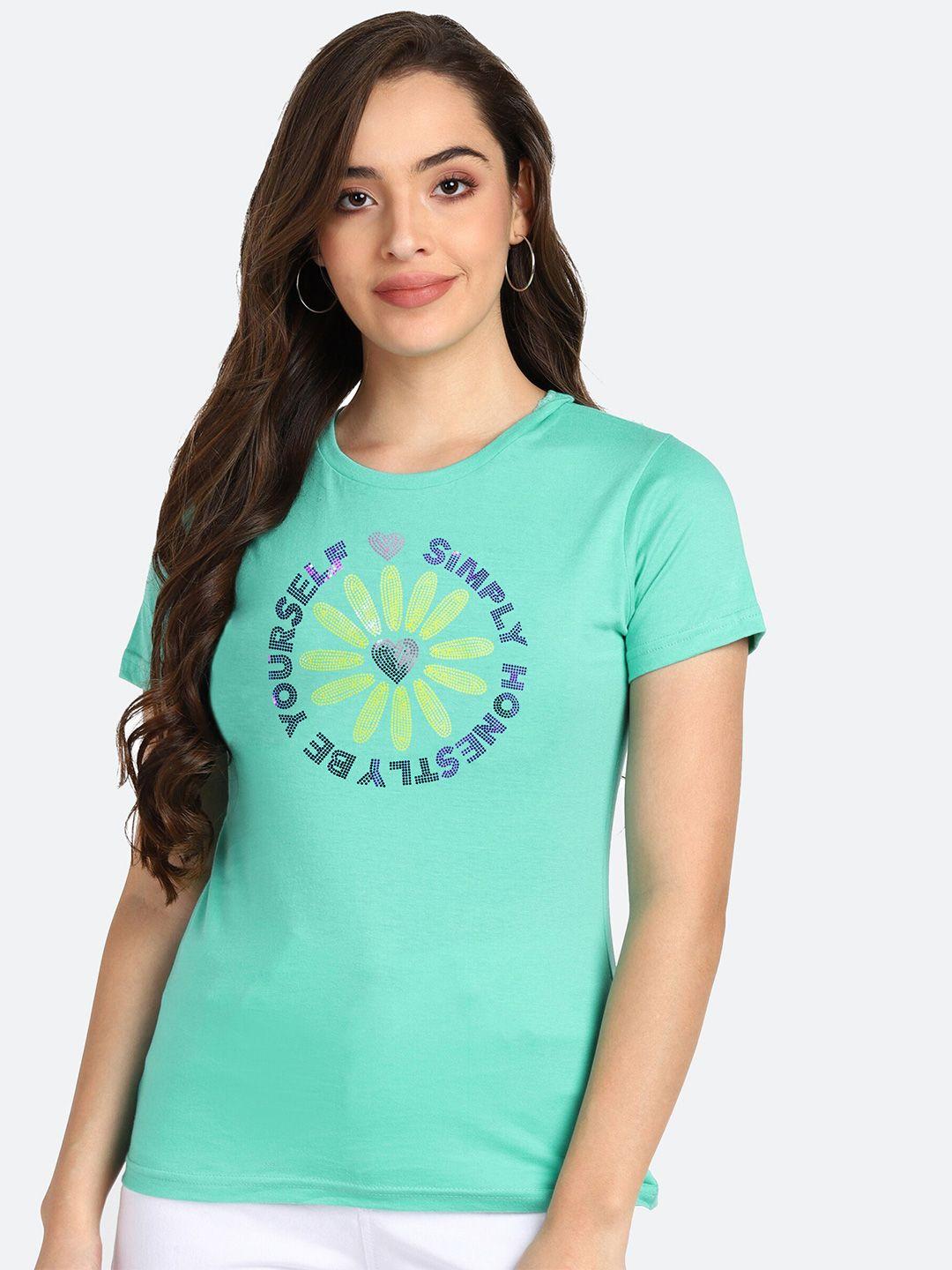 shashvi women sea green typography printed t-shirt