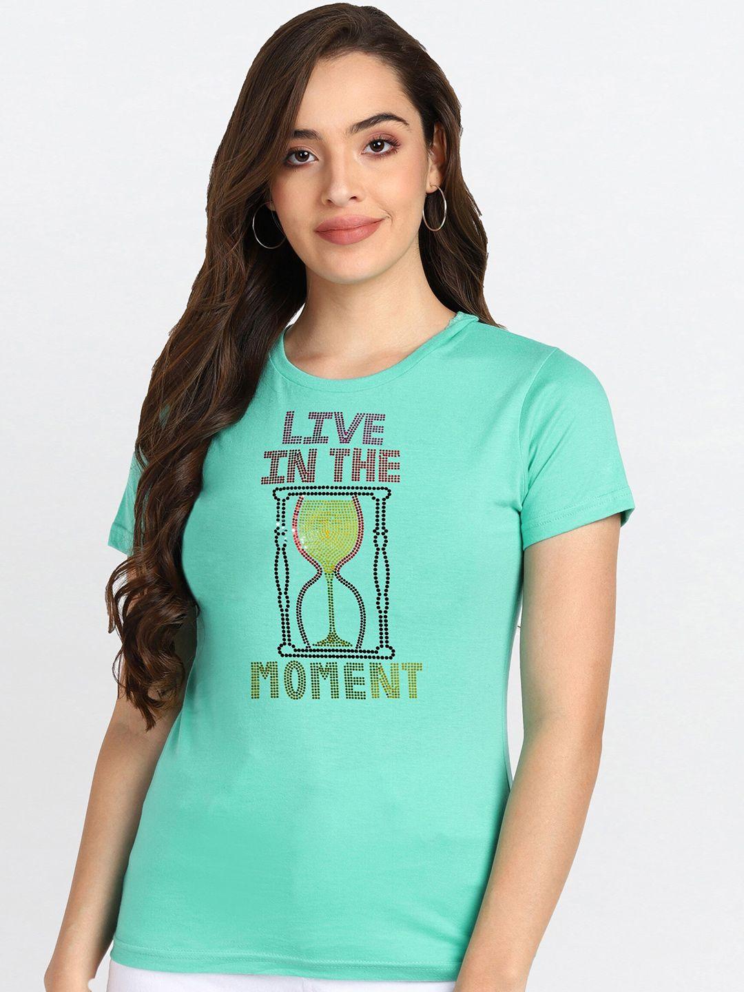 shashvi women sea green typography printed t-shirt