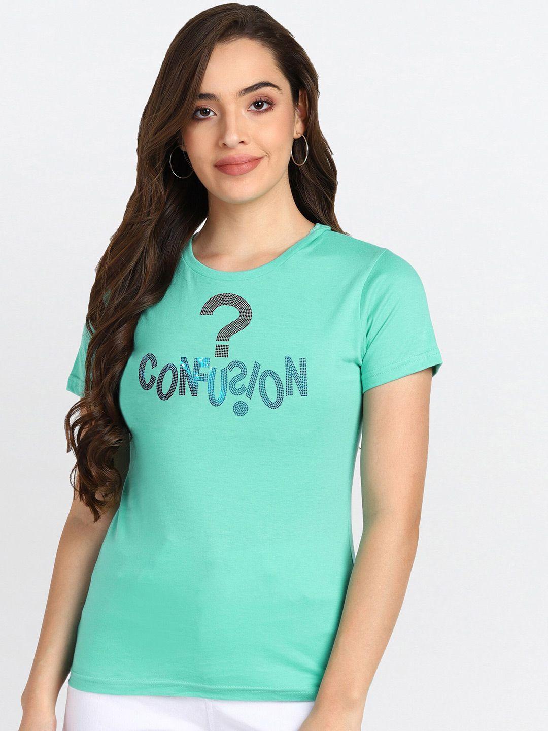 shashvi women sea green typography printed t-shirt