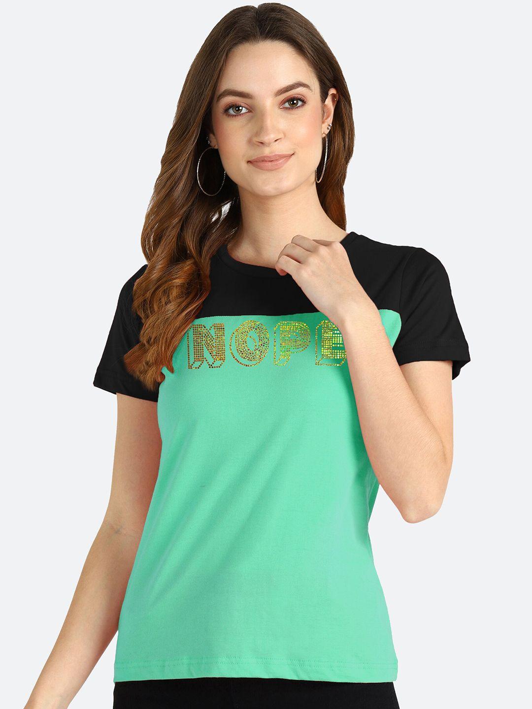 shashvi women teal green embellished cotton typography t-shirt
