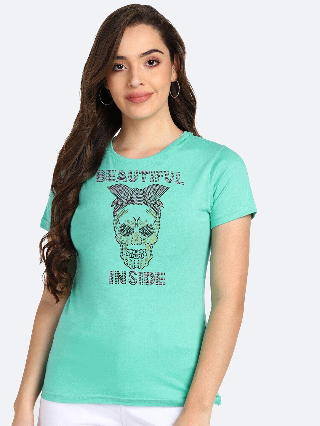 shashvi women teal green typography printed t-shirt