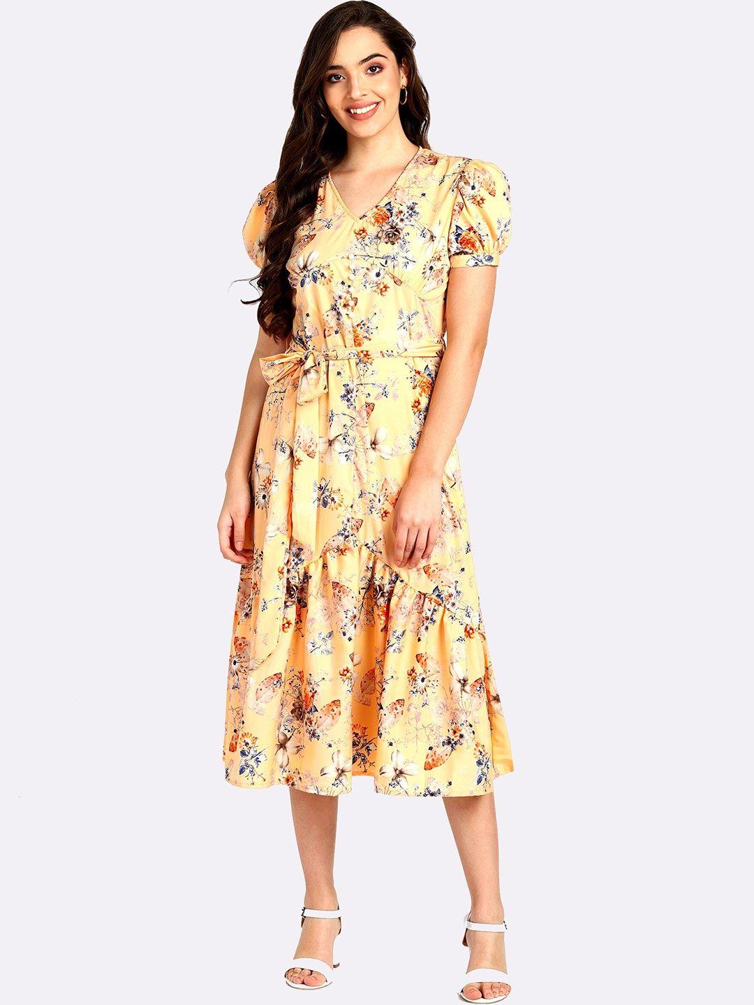 shashvi women yellow & blue floral printed fit and flare western midi dress