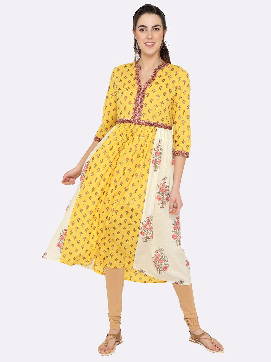 shashvi yellow & yellow geometric printed pure cotton kurti