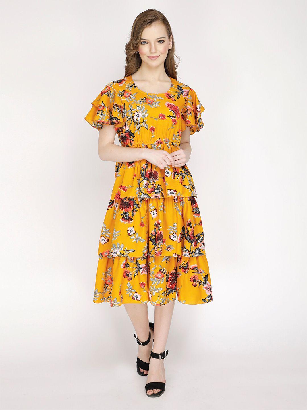 shashvi yellow floral fit and flare  layered crepe midi dress