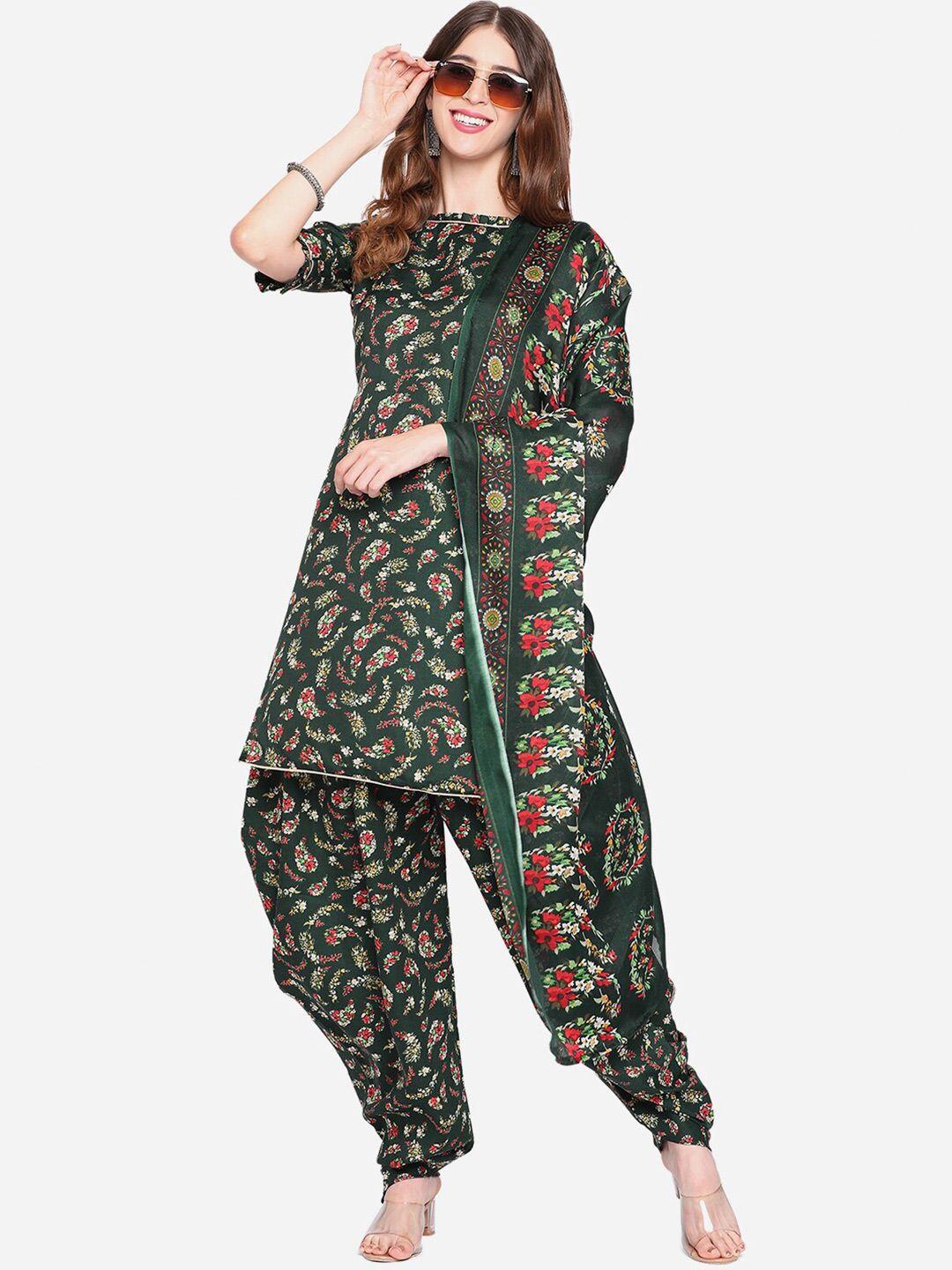 shavya olive green & red printed pure cotton unstitched dress material