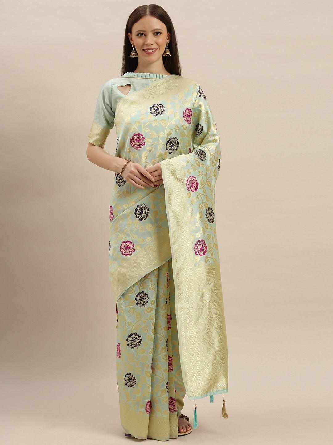 shavya turquoise blue & gold-toned silk blend woven design banarasi saree