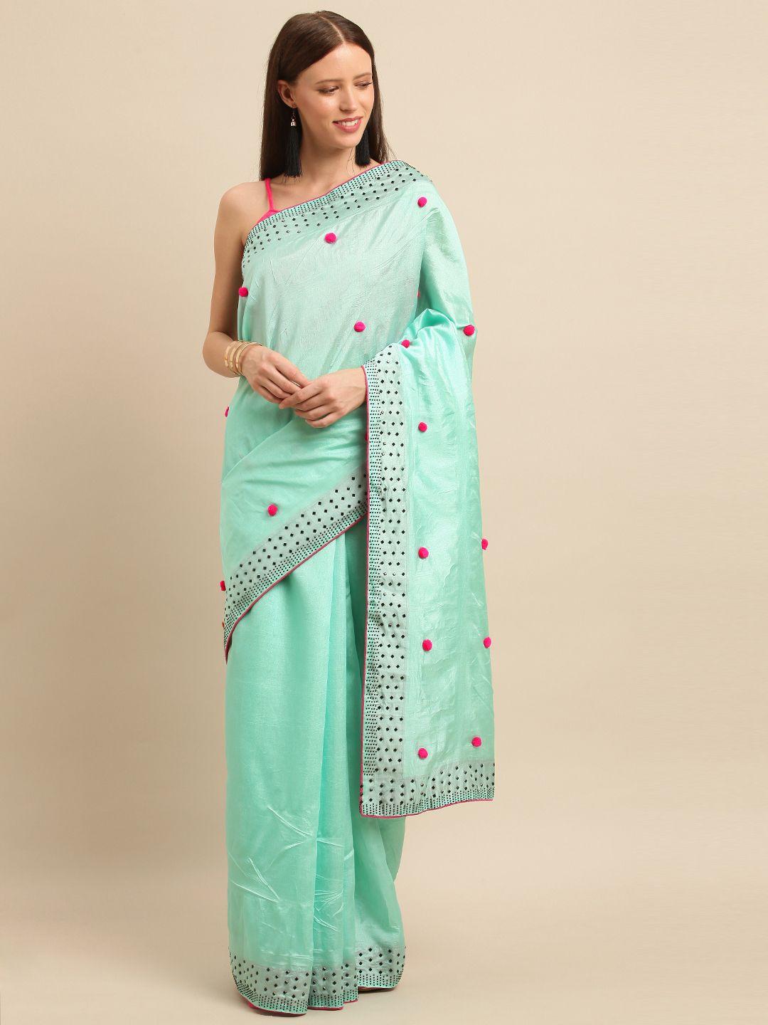 shavya turquoise blue solid silk blend saree with embellished border