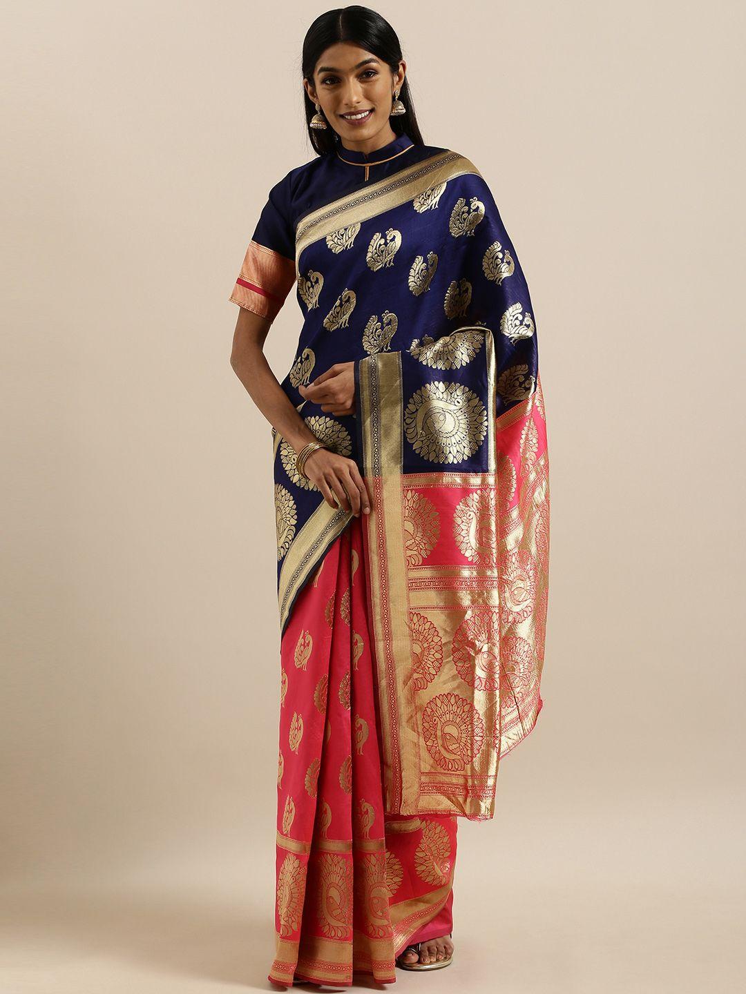 shavya blue & pink pure silk woven design banarasi saree