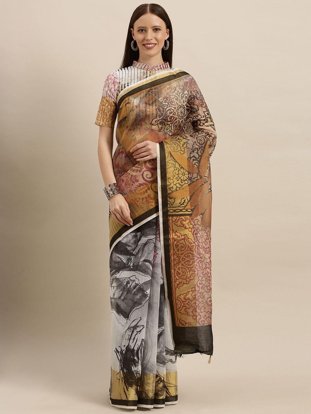 shavya brown & white pure linen printed saree