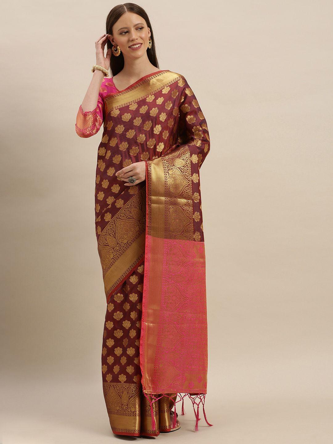 shavya coffee brown & fuchsia pink pure silk woven design banarasi saree