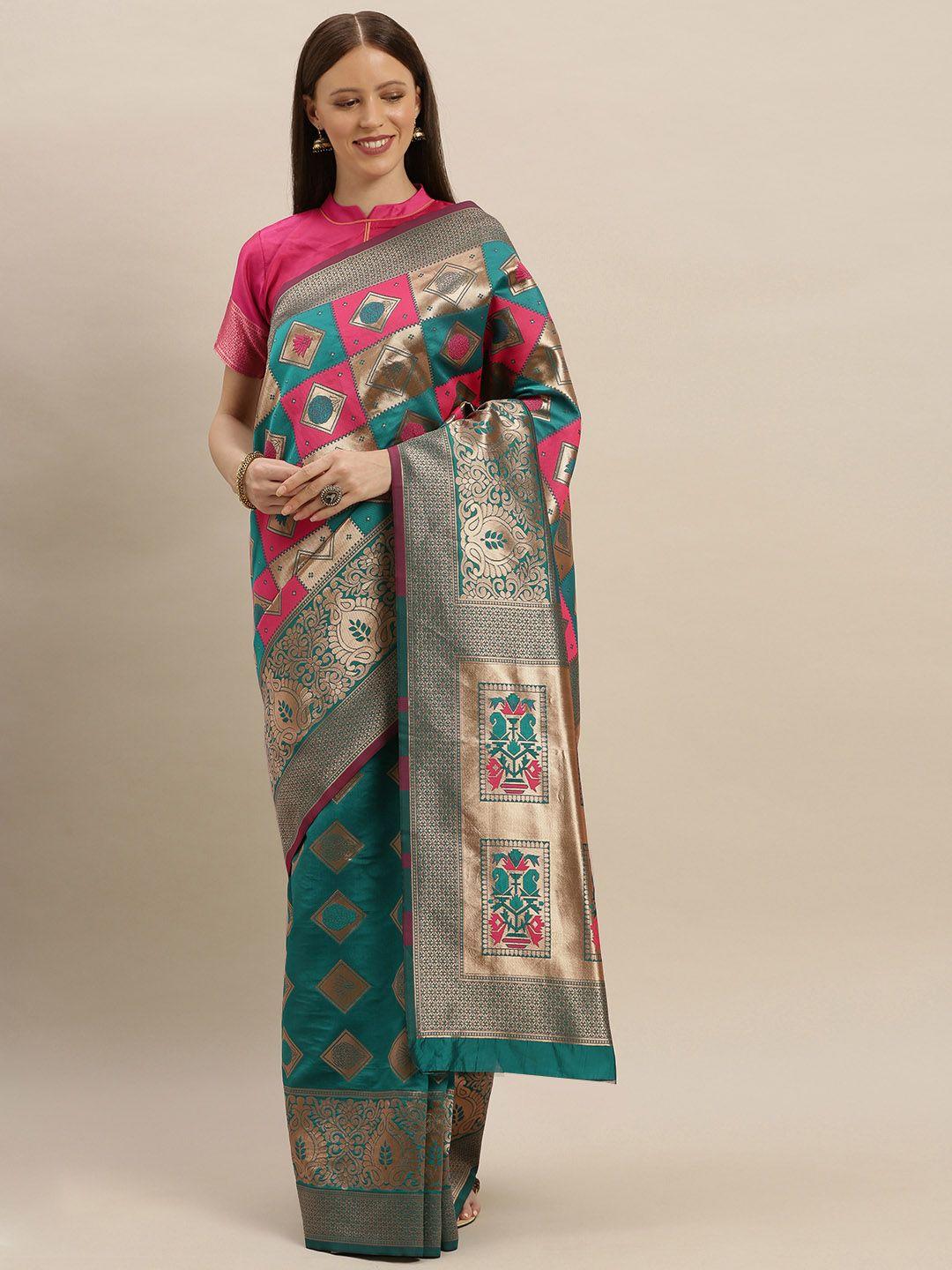 shavya fuchsia pink & teal green pure silk checked banarasi saree