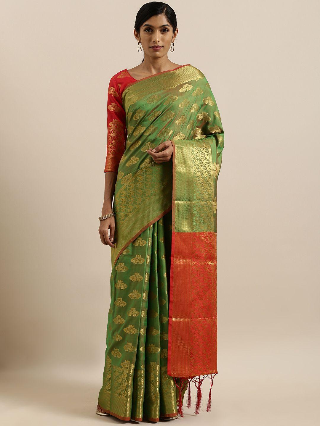 shavya green & golden pure silk woven design banarasi saree