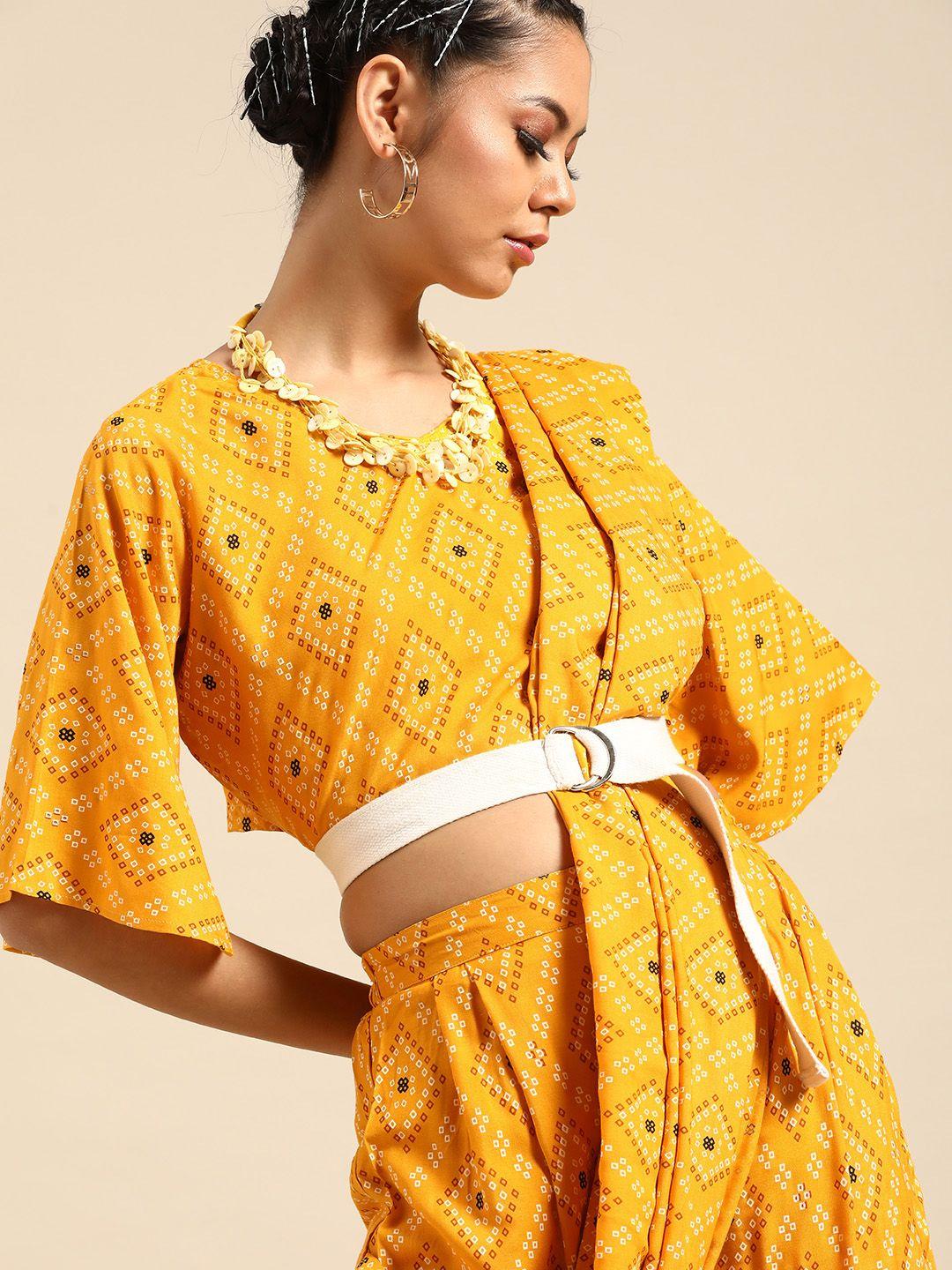 shavya mustard yellow & brown foil print dhoti ready to wear saree