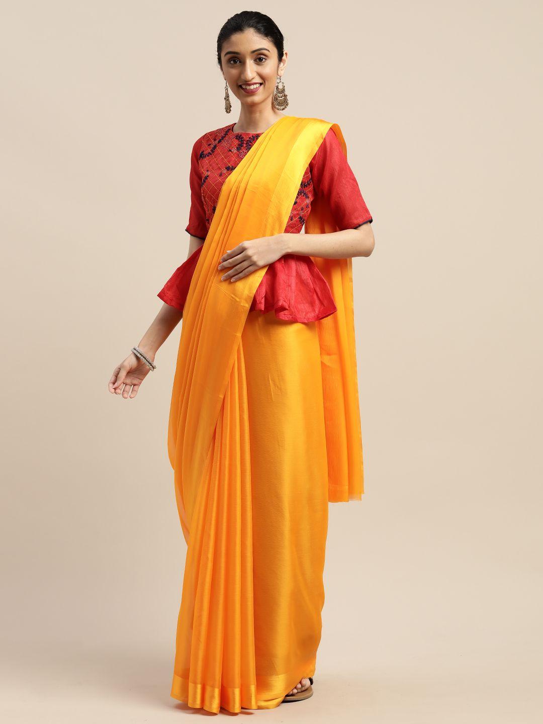 shavya mustard yellow solid pure chiffon satin border saree