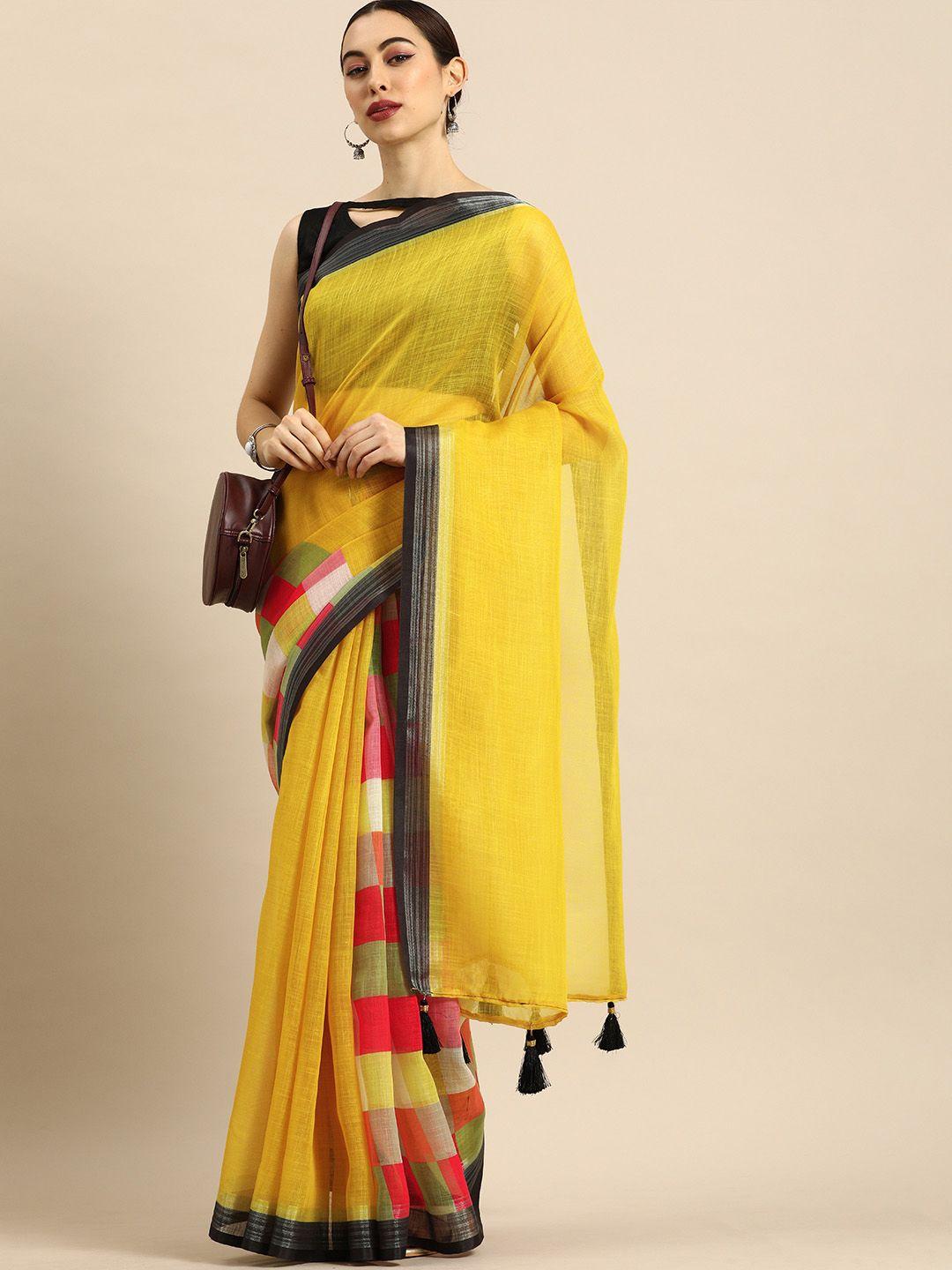 shavya mustard yellow solid pure linen saree with checked detailing