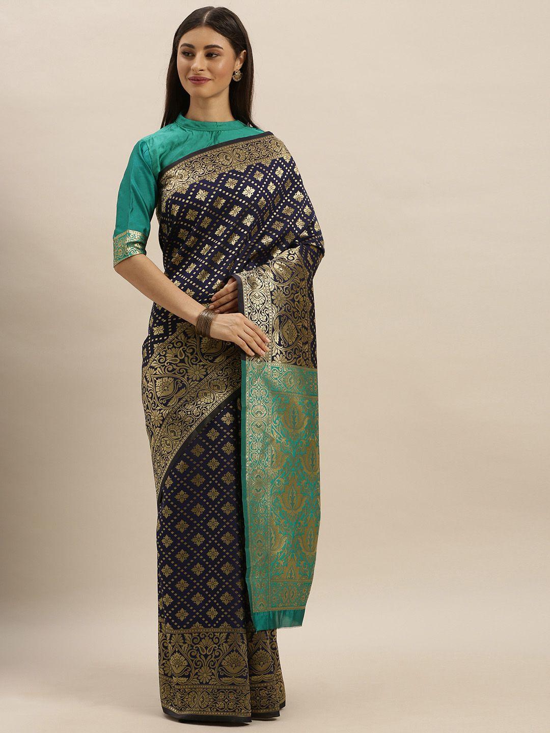 shavya navy blue & gold-toned pure silk woven design banarasi saree