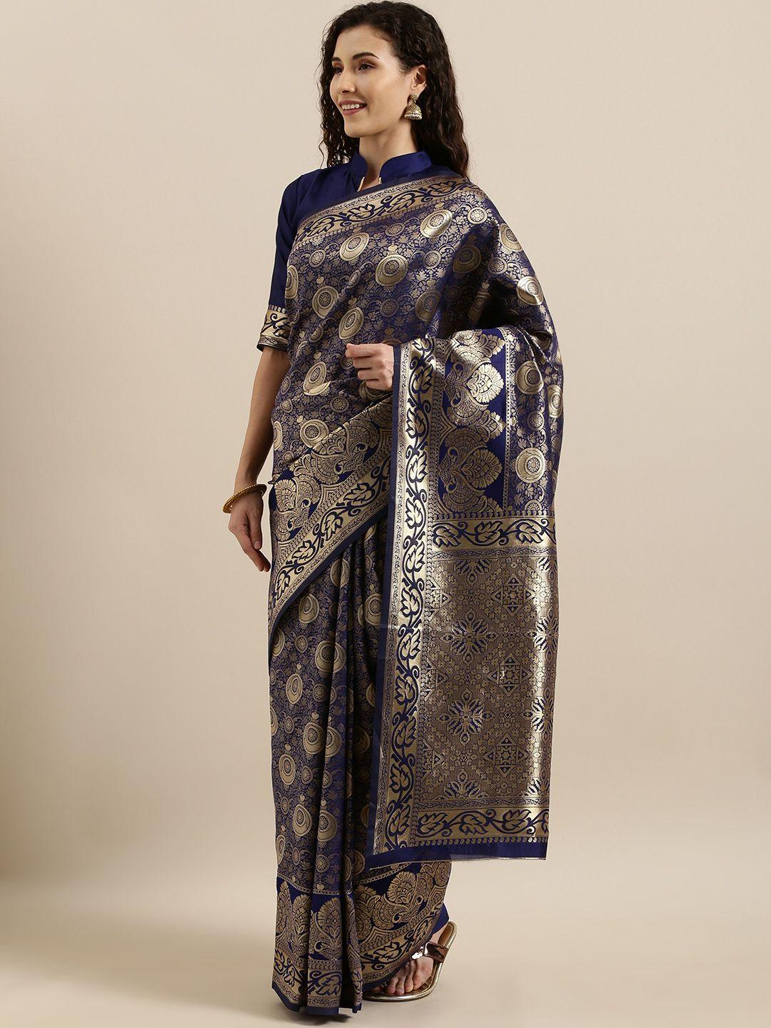 shavya navy blue & gold-toned pure silk woven design banarasi saree