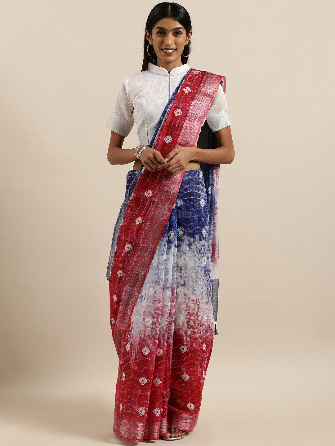 shavya navy blue & maroon bandhani pure linen  saree