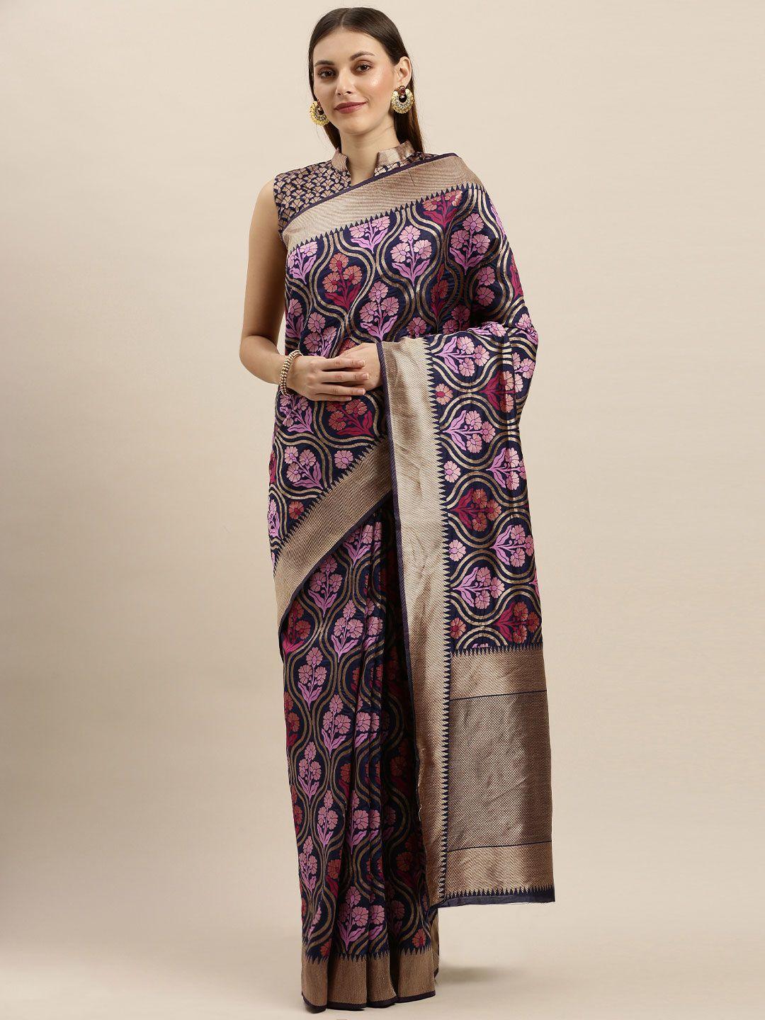 shavya navy blue & pink pure silk woven design banarasi saree