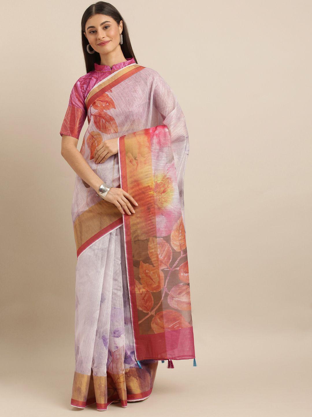 shavya off-white & red pure linen floral printed saree