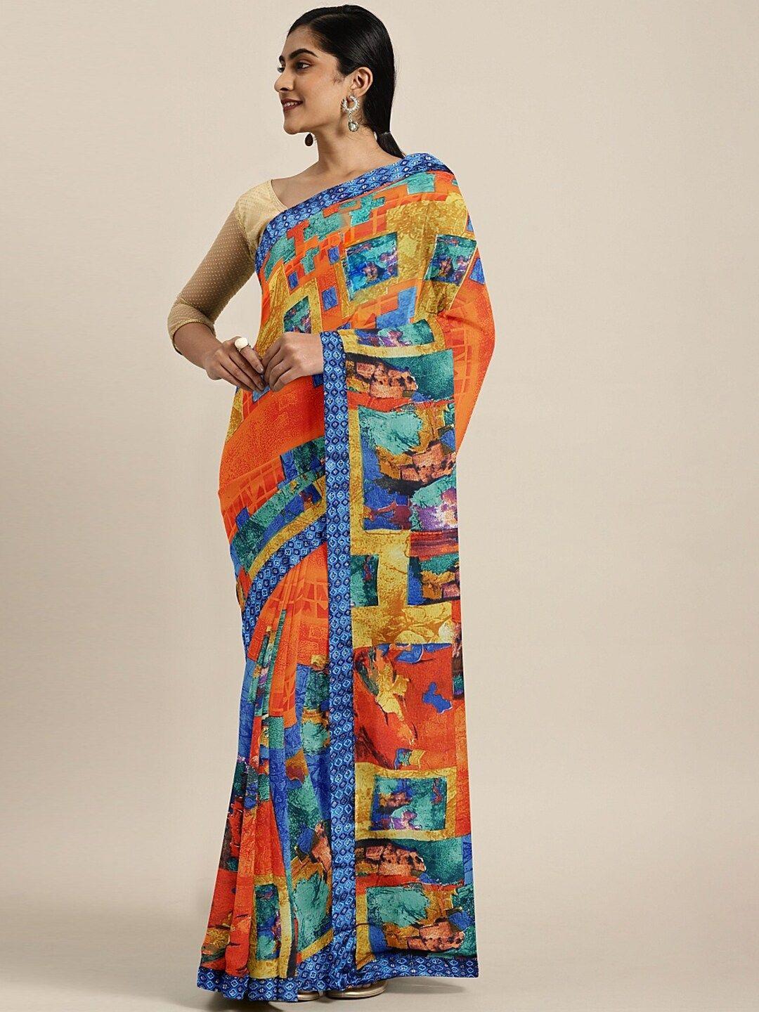 shavya orange & blue embroidered pure georgette saree