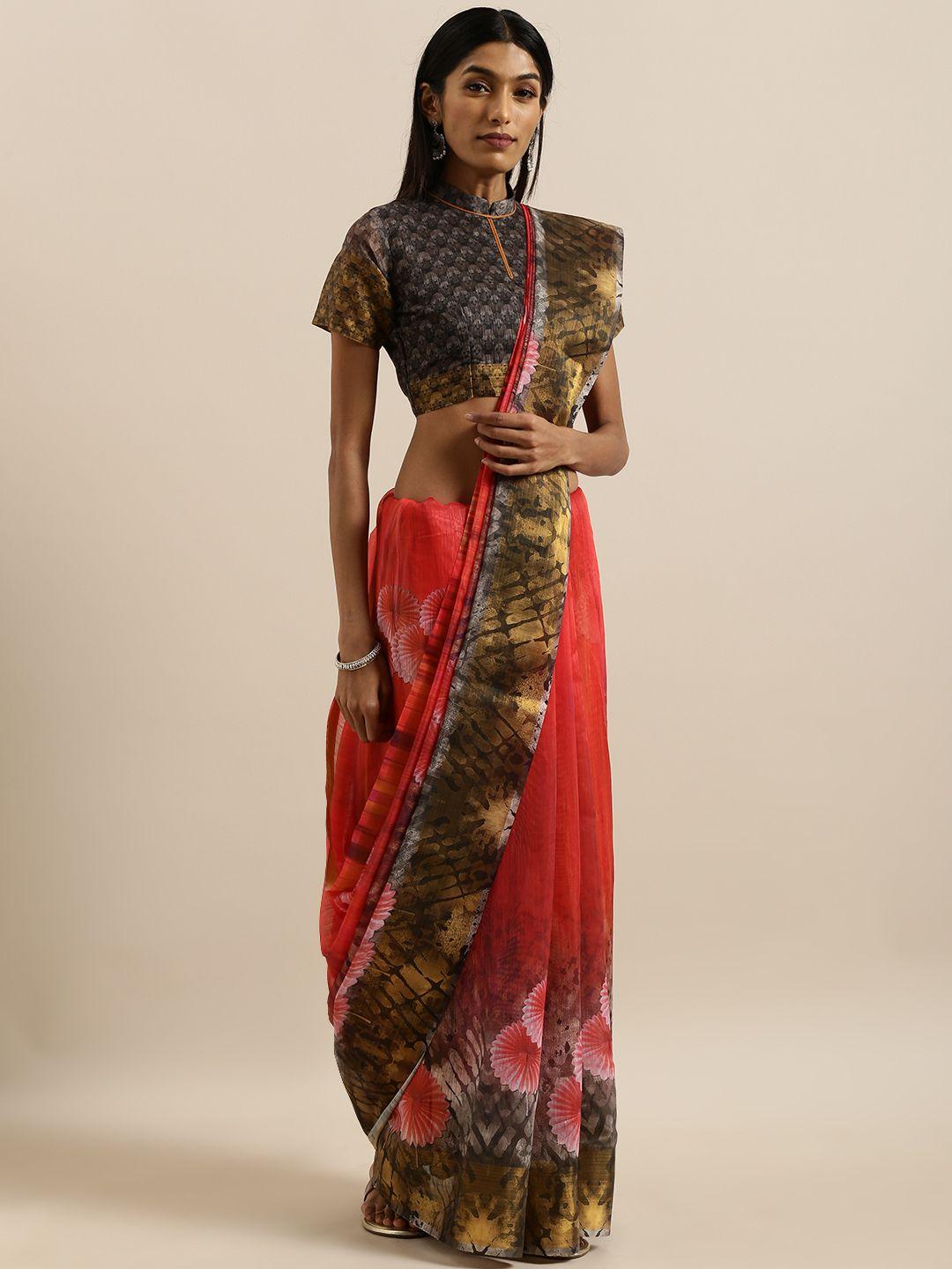 shavya red & black pure linen digital printed saree