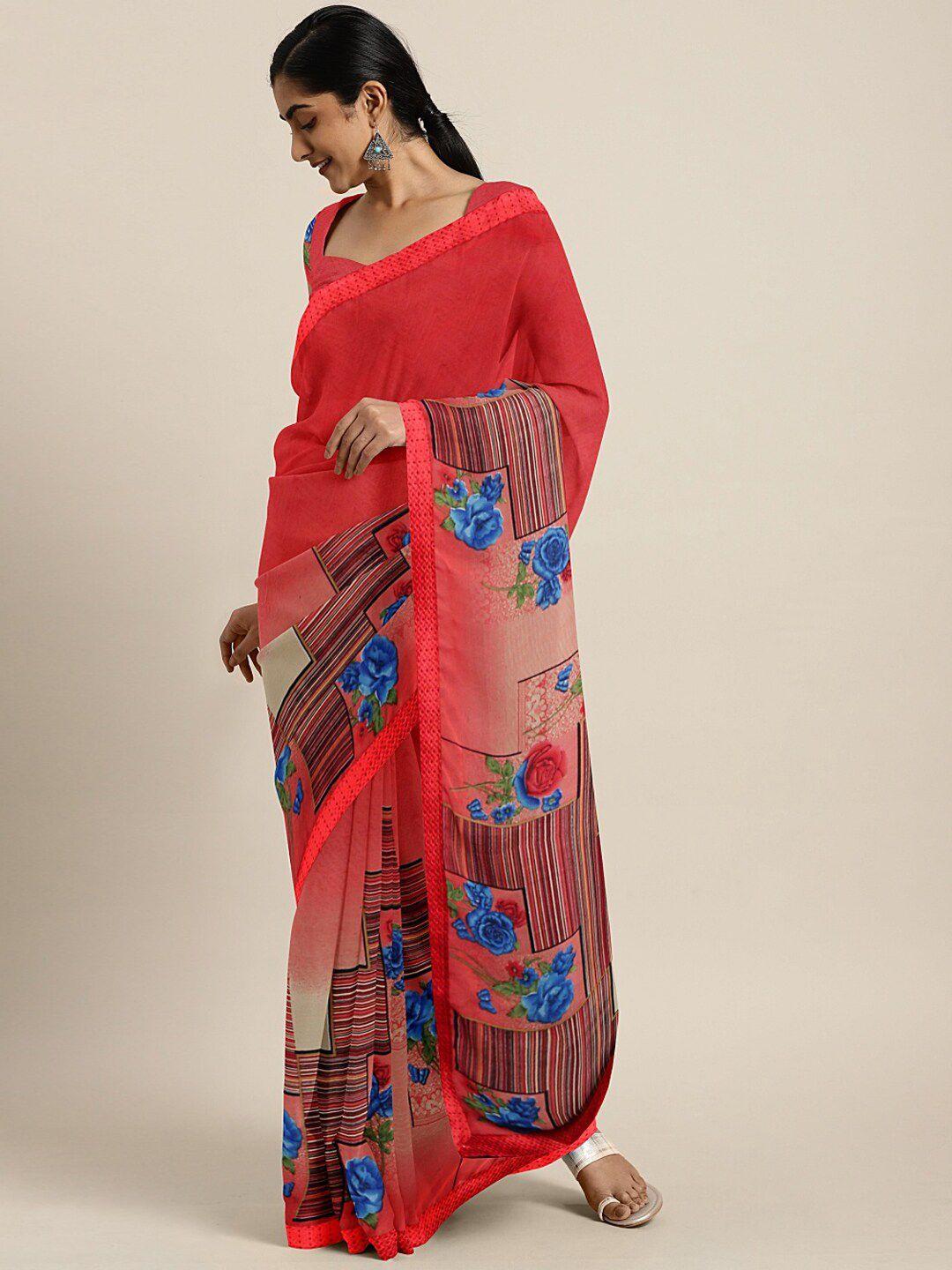 shavya red & blue embroidered pure georgette saree