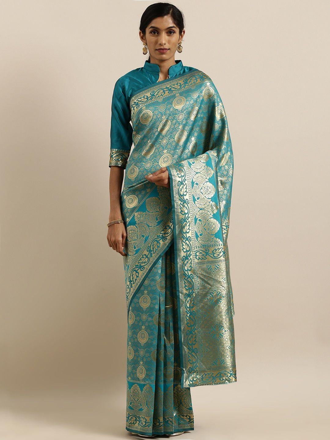 shavya turquoise blue & gold-coloured pure silk woven design banarasi saree