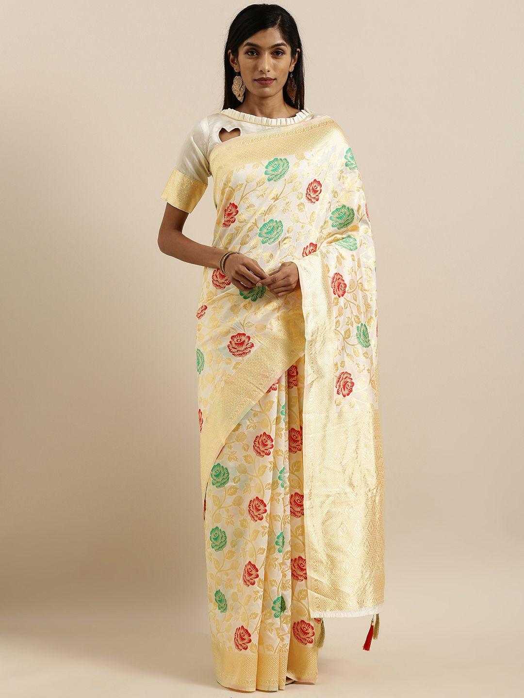 shavya white & gold silk blend woven design banarasi saree