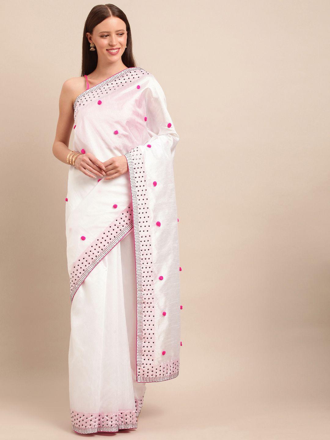 shavya white & pink silk blend embellished saree