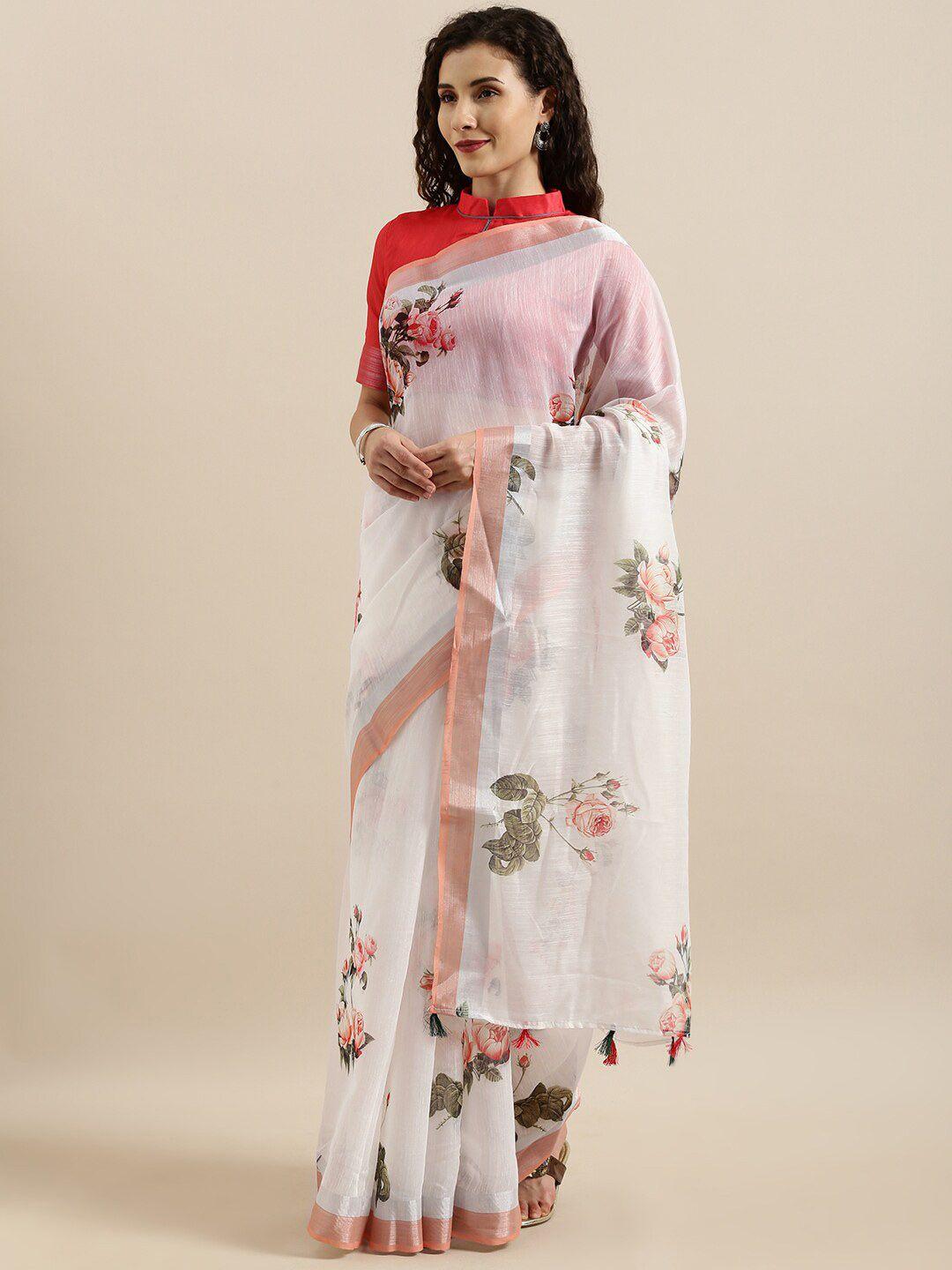 shavya white & red floral zari pure linen saree