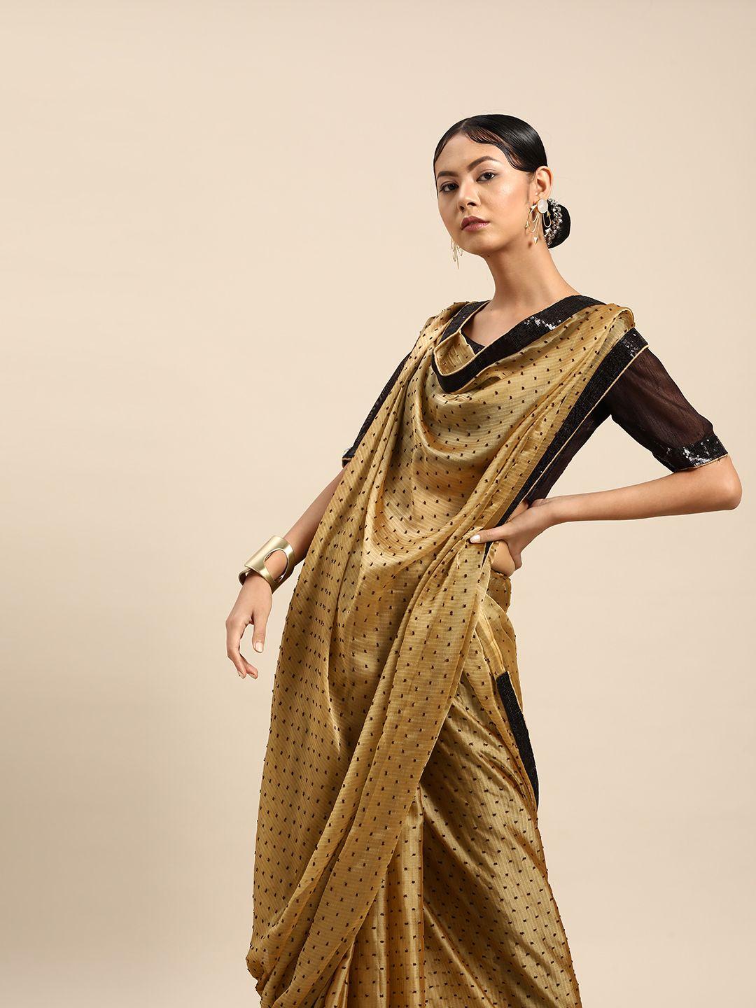 shavya women golden silk blend woven design saree with sequined detail