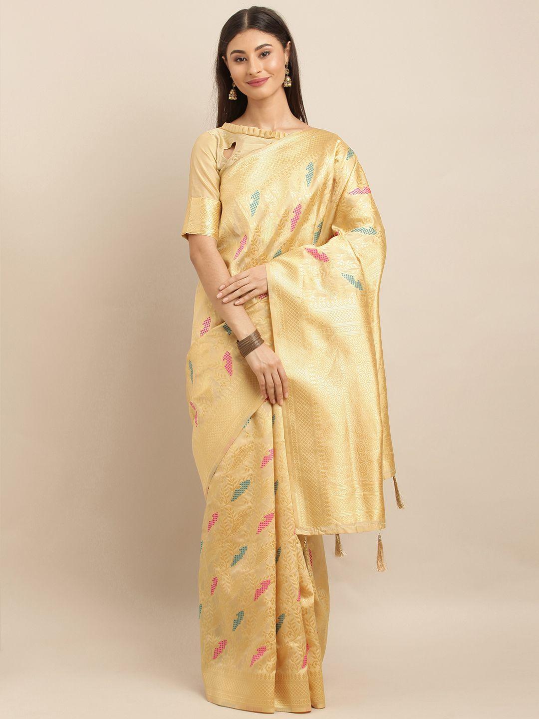 shavya yellow & pink silk blend woven design banarasi saree