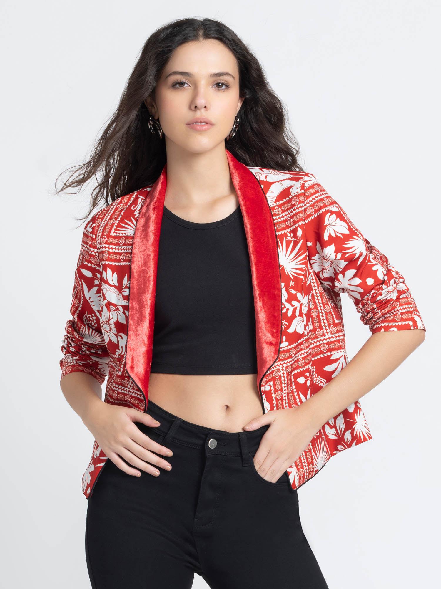 shawl collar red floral print full sleeves casual blazer for women