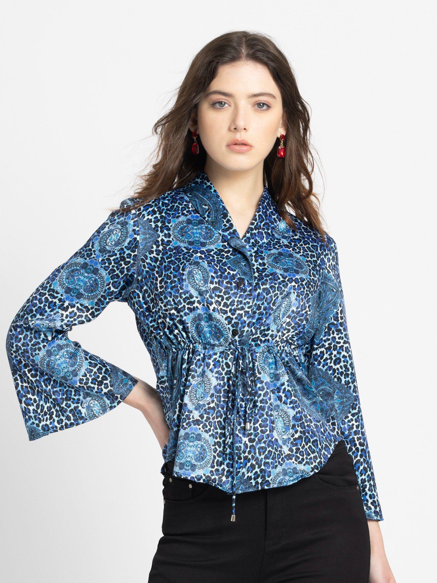 shawl collar blue animal print bell sleeves casual shirt for women