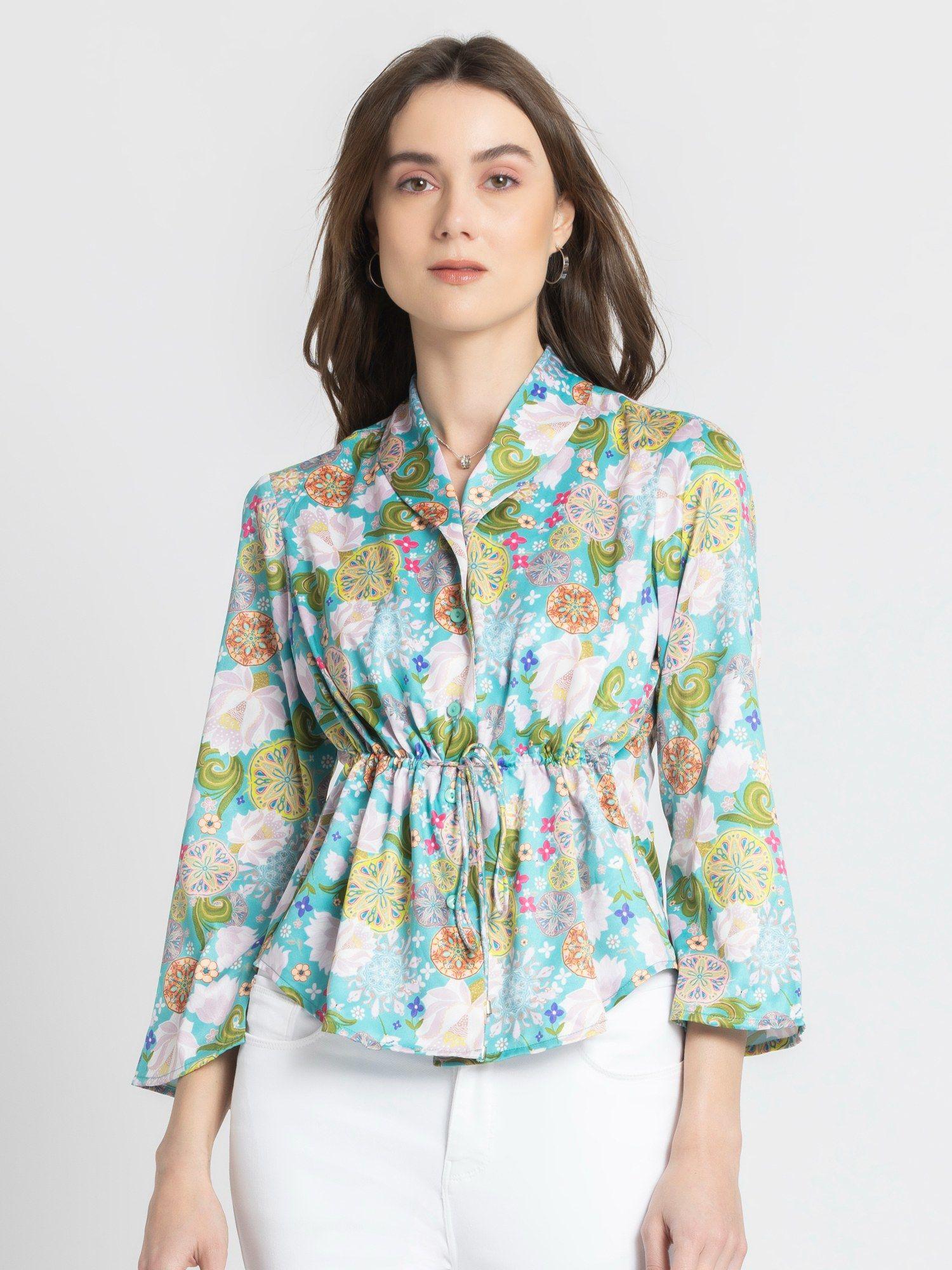 shawl collar cyan floral print three-quarter sleeves casual shirt for women