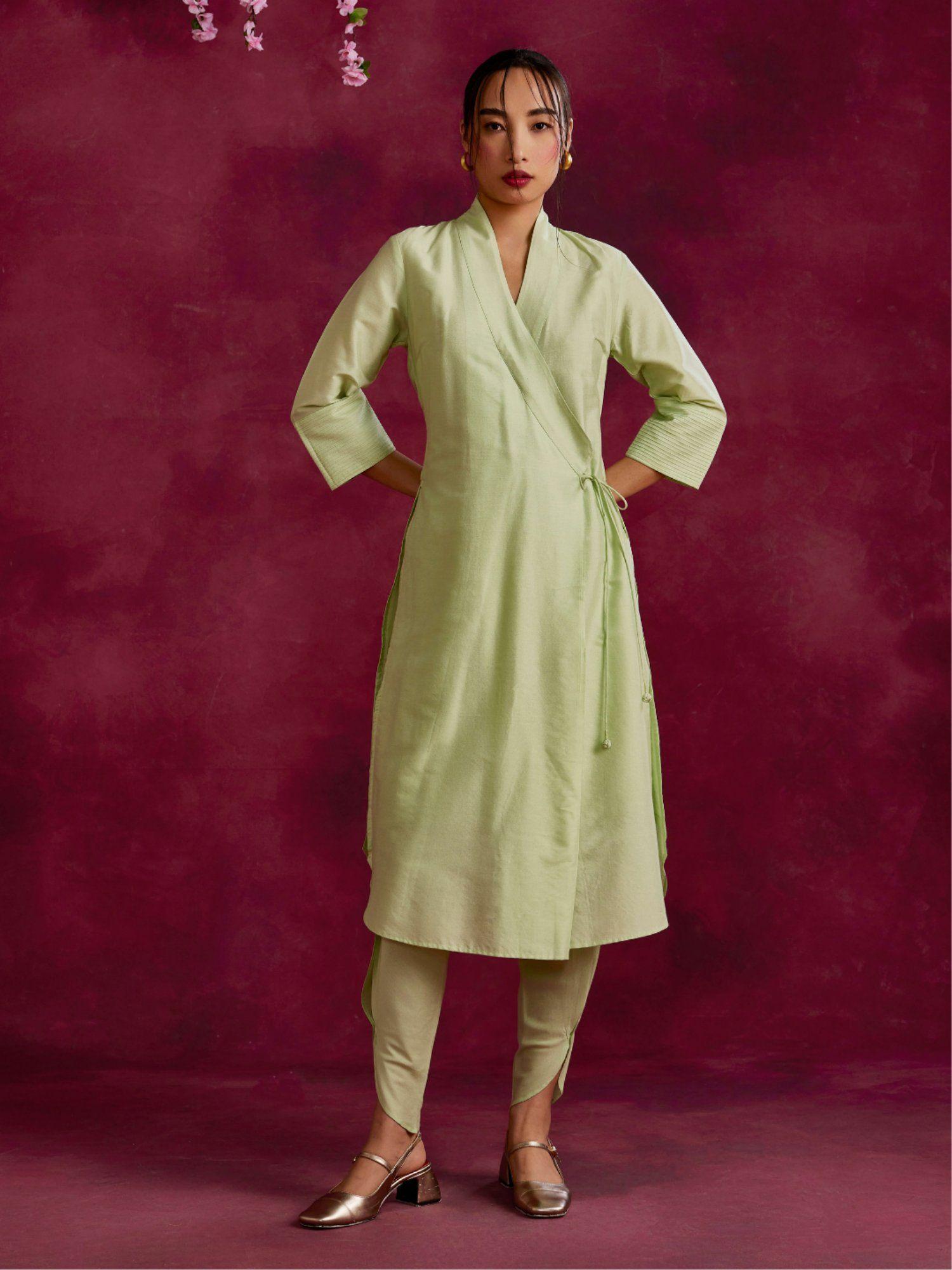 shawl collar overlapped kurta with tie up pistachio green